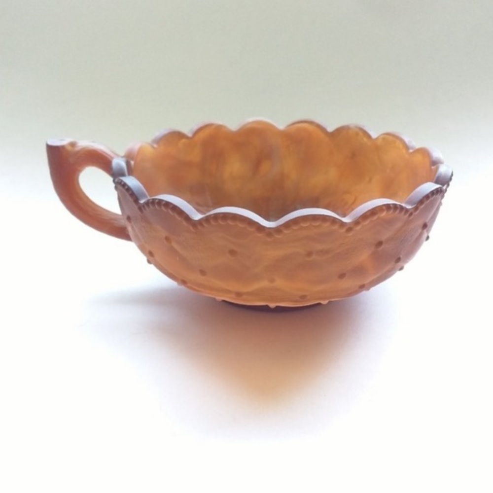 Vintage One of a Kind Imperial Slag Glass Pressed Floral Handled Bowl